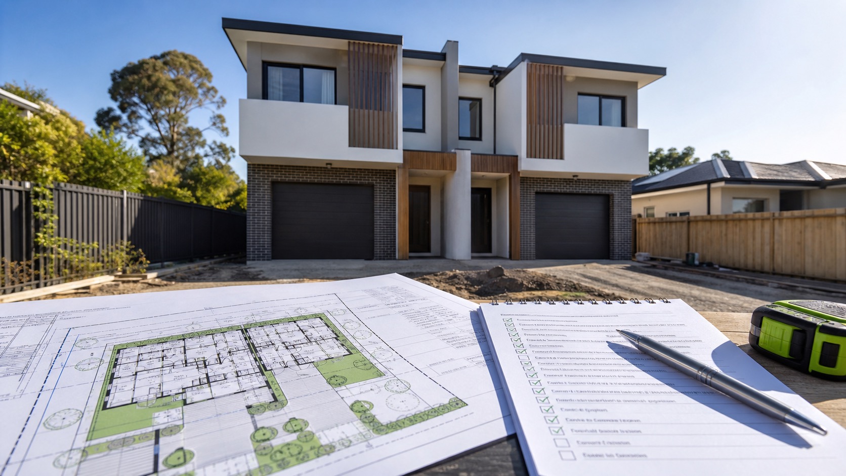 Modern Australian duplex frontage with site plans, council notes and a feasibility checklist overlay