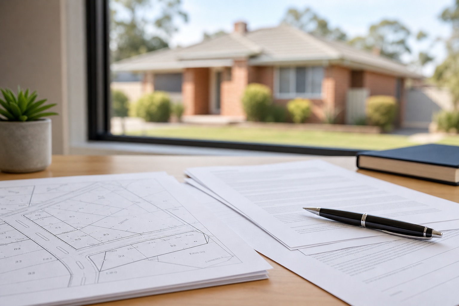 Contract of sale, site map and option agreement documents on a desk with an Australian suburban block in the background