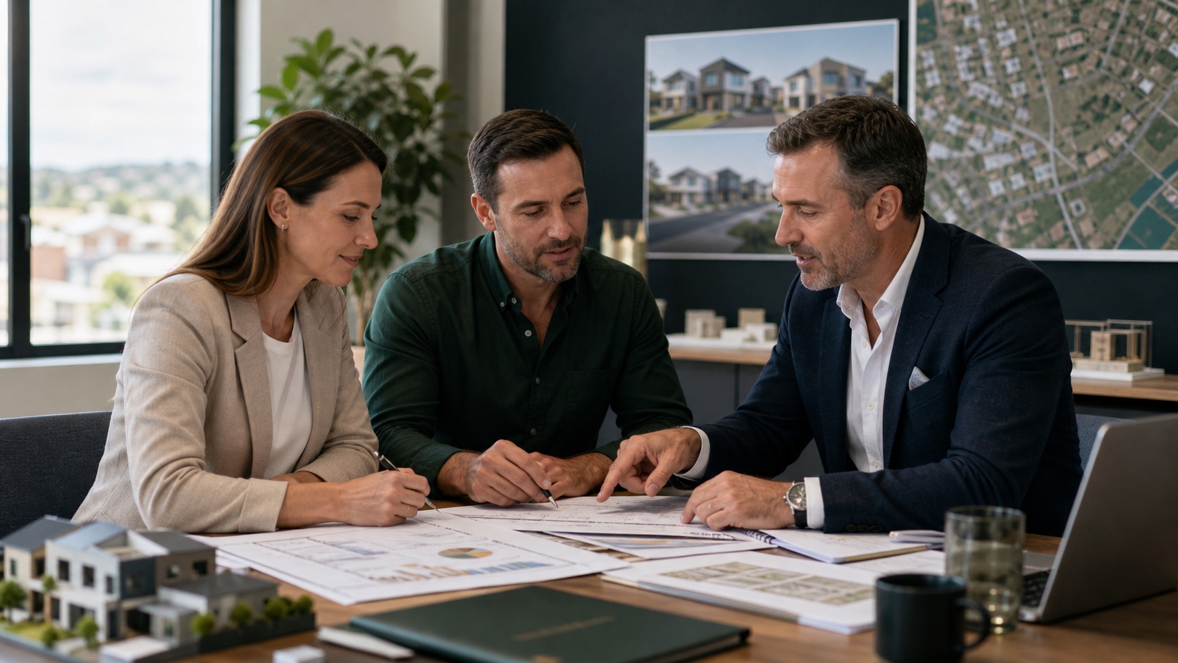 Builder and investor reviewing a progress payment schedule on a construction site