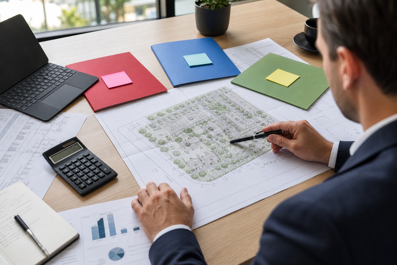 Development site plan beside three exit pathways labelled sell, refinance and partner
